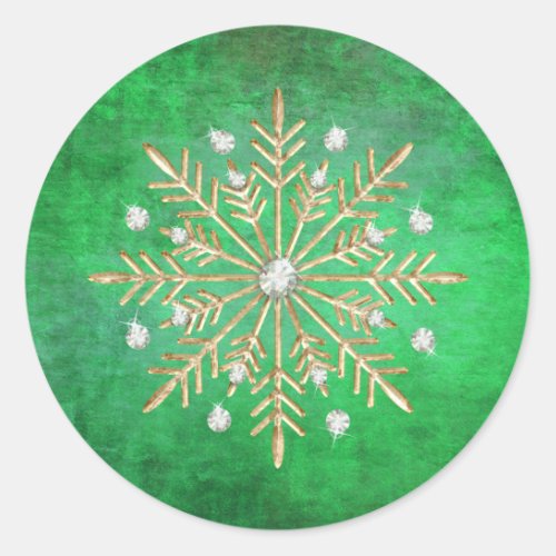 Christmas Snowflakes Green  Gold Classic Round Sticker