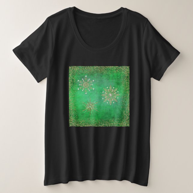 Christmas Snowflakes Green & Gold Glitter Plus Siz Size T-Shirt (Design Front)