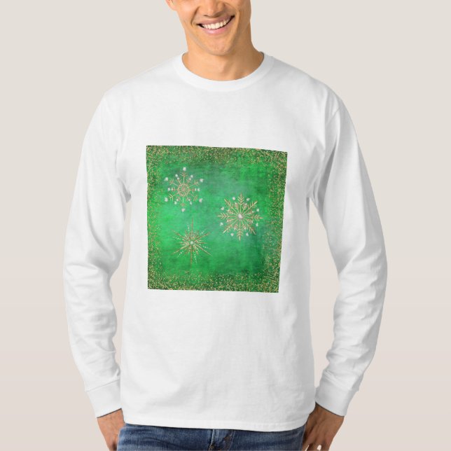Christmas Snowflakes Green & Gold Glitter T-Shirt (Front)