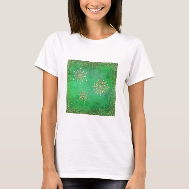 Christmas Snowflakes Green & Gold Glitter T-Shirt (Front)