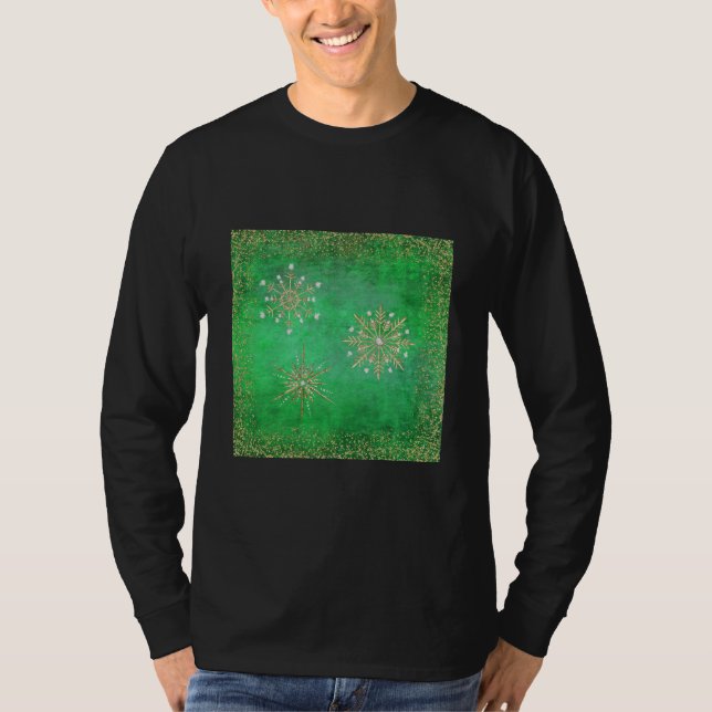 Christmas Snowflakes Green & Gold Glitter T-Shirt (Front)