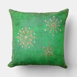 Christmas Snowflakes Green & Gold Glitter Throw Pillow