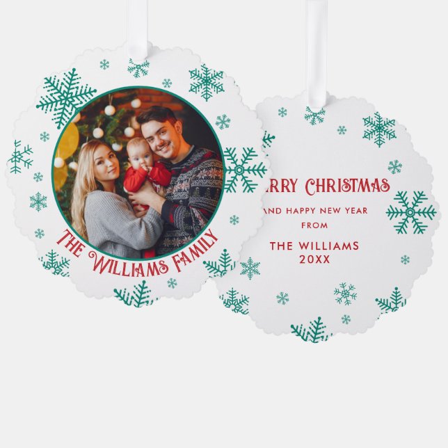 Christmas Snowflakes Green Red Photo Ornament Card (Front/Back)