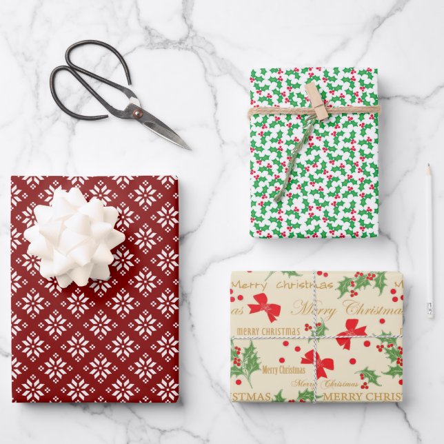 Christmas Snowflakes, Holly Berries and Bows Wrapping Paper Sheets (Front)