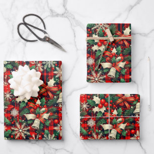 Christmas Snowflakes Holly Over Red Tartan Pattern Wrapping Paper Sheets