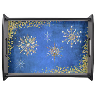 Christmas Snowflakes in Blue & Gold Serving Tray