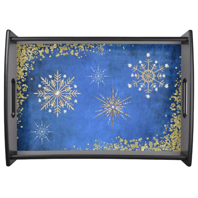 Christmas Snowflakes in Blue & Gold Serving Tray (Front)