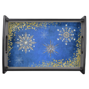 Christmas Snowflakes in Blue & Gold Serving Tray