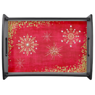 Christmas Snowflakes in Red & Gold Serving Tray