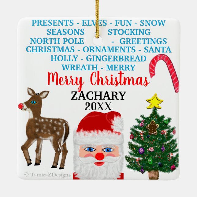 Christmas Snowflakes Mini 15 Word Puzzle Name Ceramic Ornament (Back)