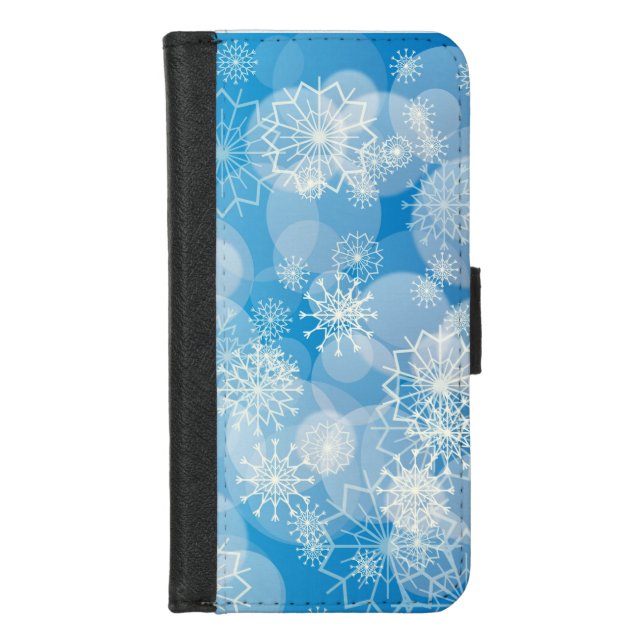 Christmas snowflakes on a blue background          iPhone wallet case (Front)