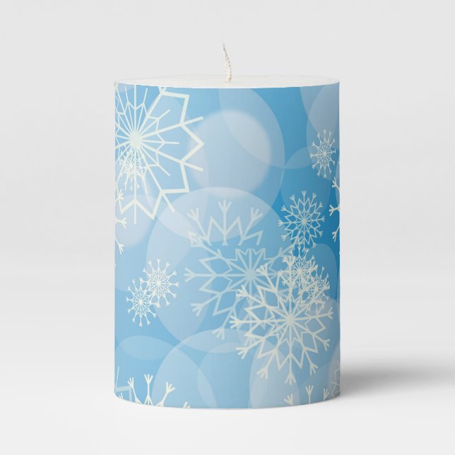 Christmas snowflakes on a blue background pillar candle (Front)