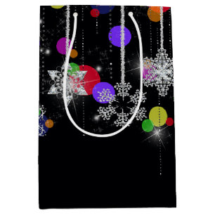 Christmas Snowflakes On Black Medium Gift Bag