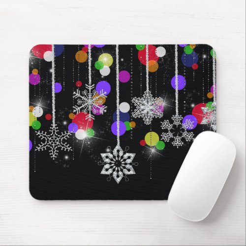 Christmas Snowflakes On Black Mouse Pad