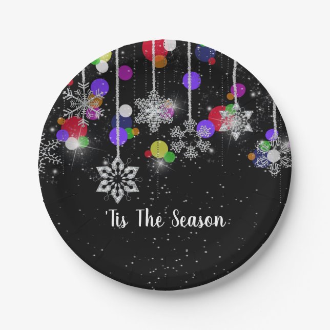 Christmas Snowflakes On Black Paper Plates (Front)