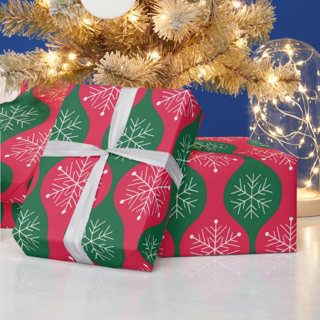 Christmas Snowflakes on Retro Green Red Ogee Wrapping Paper (Holidays)
