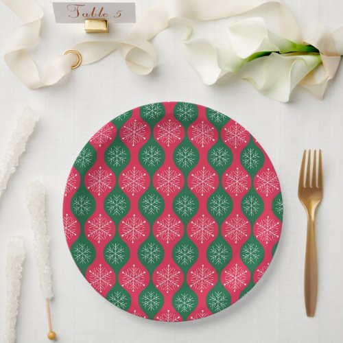 Christmas Snowflakes on Vintage Green Red Ogee Paper Plates