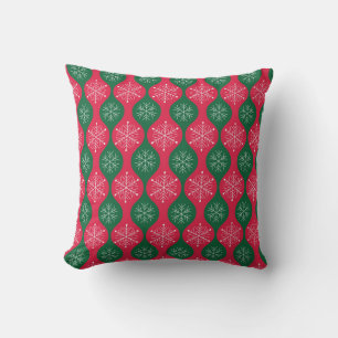 Christmas Snowflakes on Vintage Green Red Ogee Throw Pillow