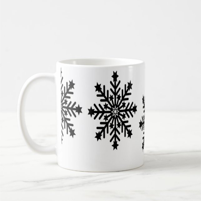 Christmas snowflakes on white coffee mug (Left)