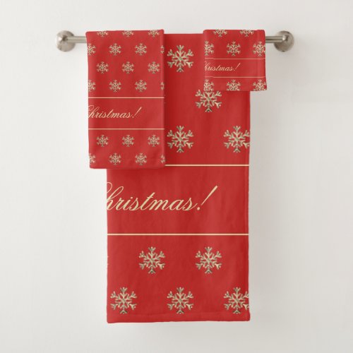 Christmas Snowflakes Pattern Elegant Red Gold Bath Towel Set