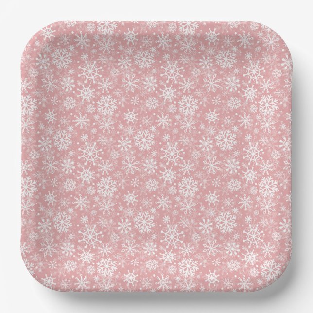 Christmas snowflakes pattern Pink Paper Plates (Front)