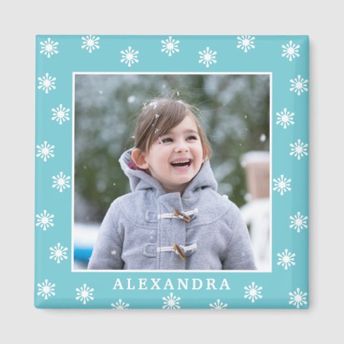 Christmas Snowflakes Photo Name Blue Magnet