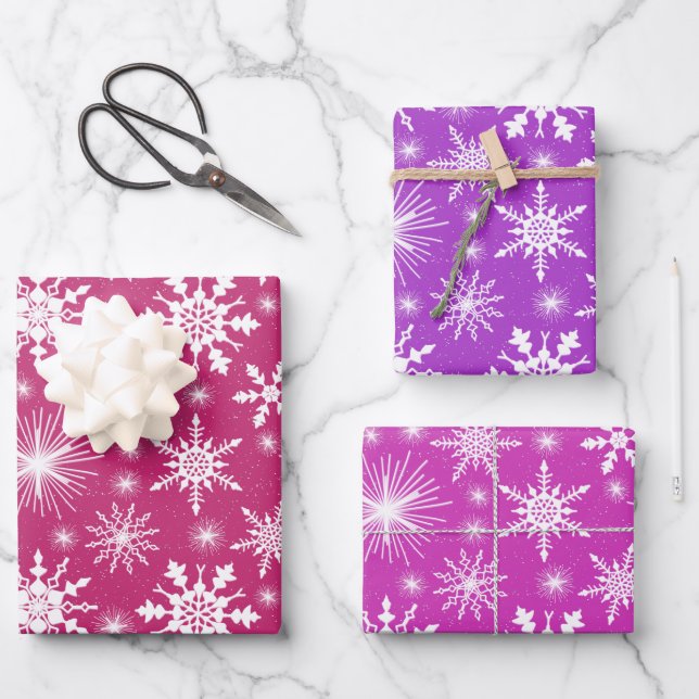 Christmas Snowflakes Pink And Purple Wrapping Paper Sheets (Front)
