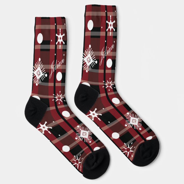 Christmas Snowflakes Plaid Script Name Socks (Right)