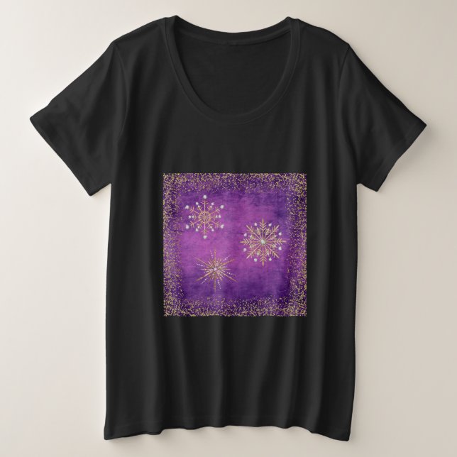 Christmas Snowflakes Purple & Gold Glitter Plus Si Plus Size T-Shirt (Design Front)