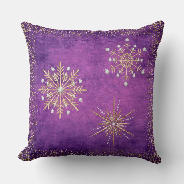 Christmas Snowflakes Purple & Gold Glitter Throw Pillow (Front)