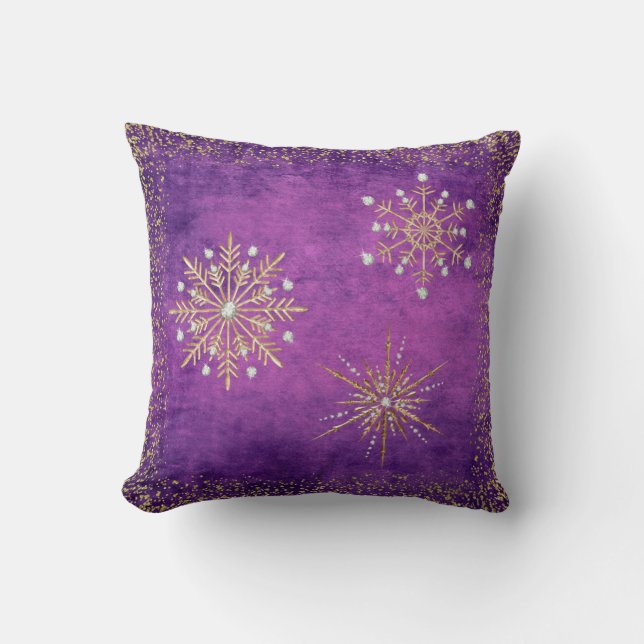 Christmas Snowflakes Purple & Gold Glitter Throw Pillow (Front)