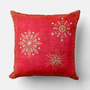 Christmas Snowflakes Red & Gold Glitter Throw Pillow
