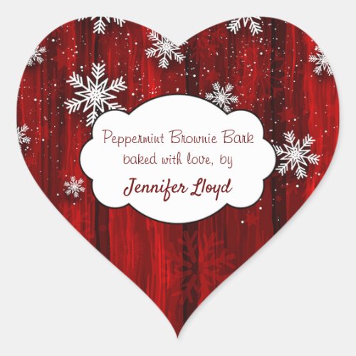 Christmas Snowflakes Red Rustic Wood Heart Sticker