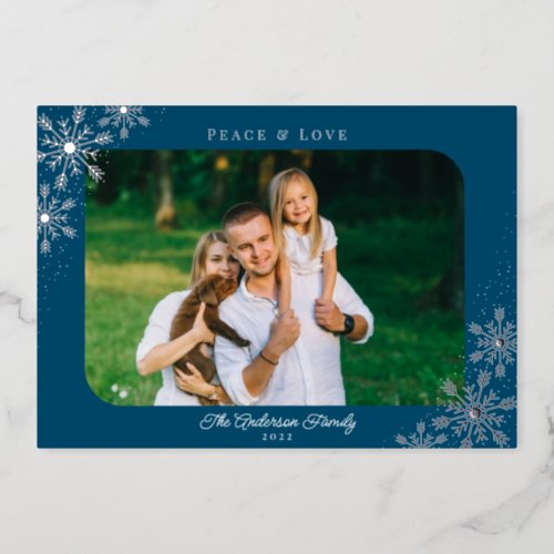 Christmas Snowflakes Rounded Corne Photo Silver Foil Holiday Card