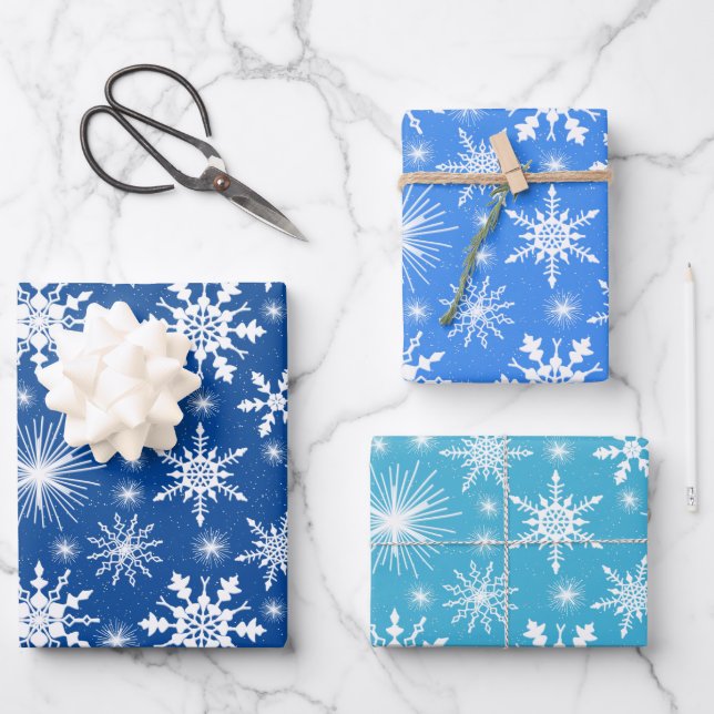 Christmas Snowflakes Shades Of Blue Wrapping Paper Sheets (Front)