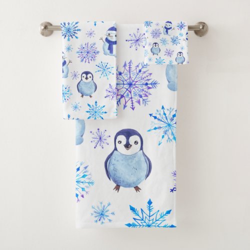 Christmas Snowflakes Snowmen and Penguins Bath Towel Set