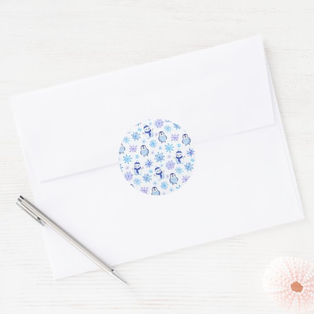 Christmas Snowflakes, Snowmen and Penguins Classic Round Sticker (Envelope)