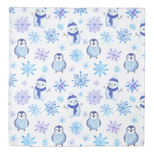 Christmas Snowflakes Snowmen and Penguins Duvet Cover