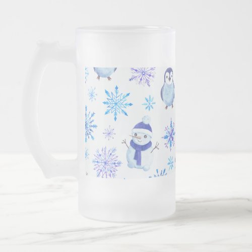 Christmas Snowflakes Snowmen and Penguins Frosted Glass Beer Mug