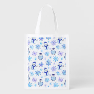 Christmas Snowflakes, Snowmen and Penguins Grocery Bag