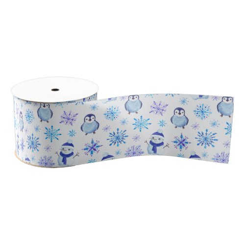 Christmas Snowflakes Snowmen and Penguins Grosgrain Ribbon