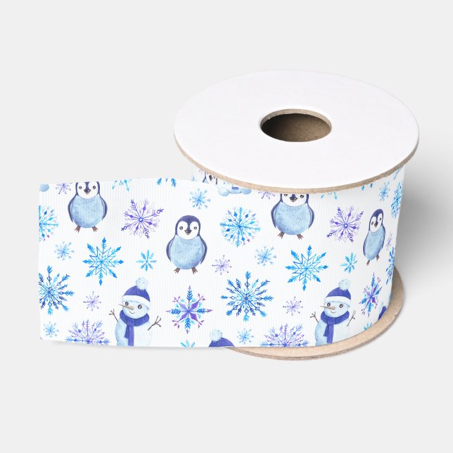 Christmas Snowflakes, Snowmen and Penguins Grosgrain Ribbon (Spool)