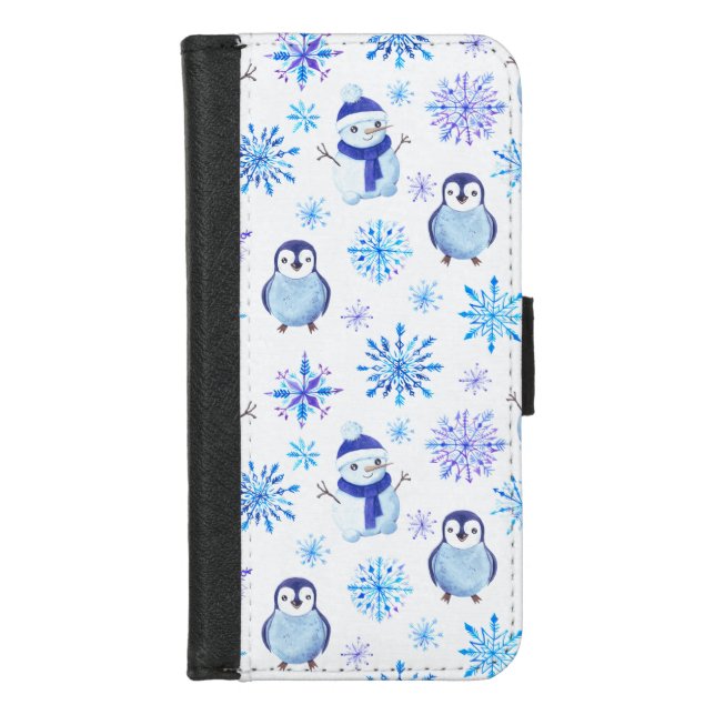 Christmas Snowflakes, Snowmen and Penguins iPhone Wallet Case (Front)