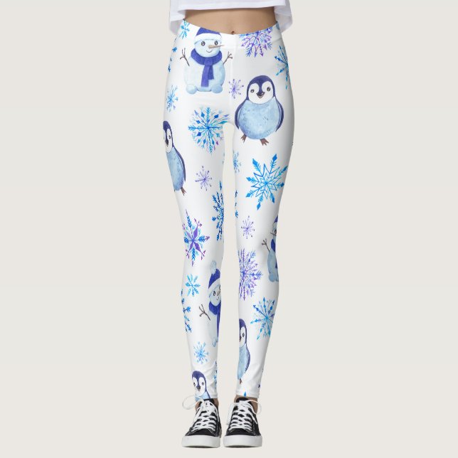 Christmas Snowflakes, Snowmen and Penguins Leggings (Front)