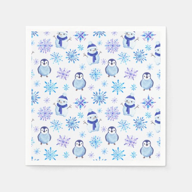 Christmas Snowflakes, Snowmen and Penguins Napkins (Front)