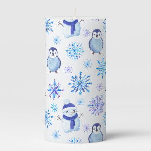 Christmas Snowflakes, Snowmen and Penguins Pillar Candle