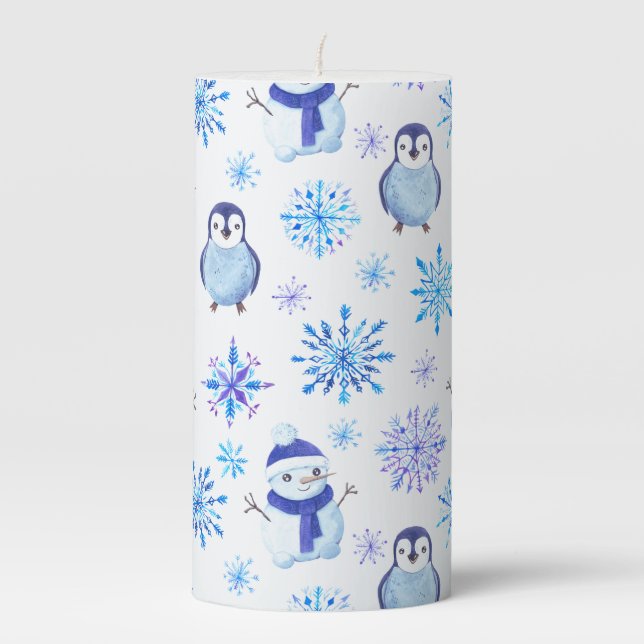Christmas Snowflakes, Snowmen and Penguins Pillar Candle (Front)