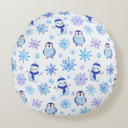 Christmas Snowflakes Snowmen and Penguins Round Pillow