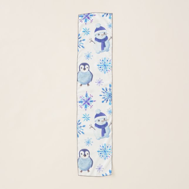 Christmas Snowflakes, Snowmen and Penguins Scarf (Front)