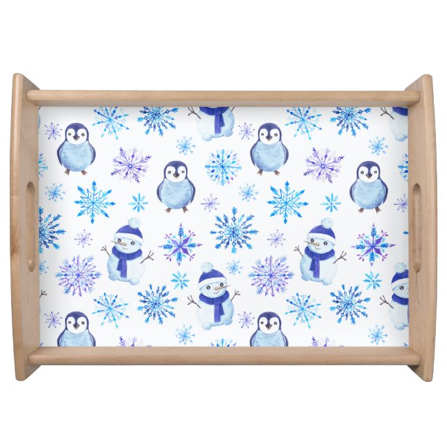 Christmas Snowflakes, Snowmen and Penguins Serving Tray (Front)